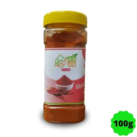 Khati Ghar Organic Chili Powder 100g in clear pouch, vibrant red spice, front view.