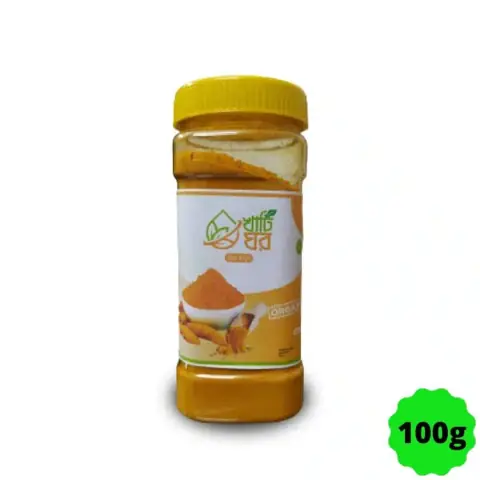 Khati Ghar organic turmeric powder pouch with vibrant yellow spice being poured by a spoon.