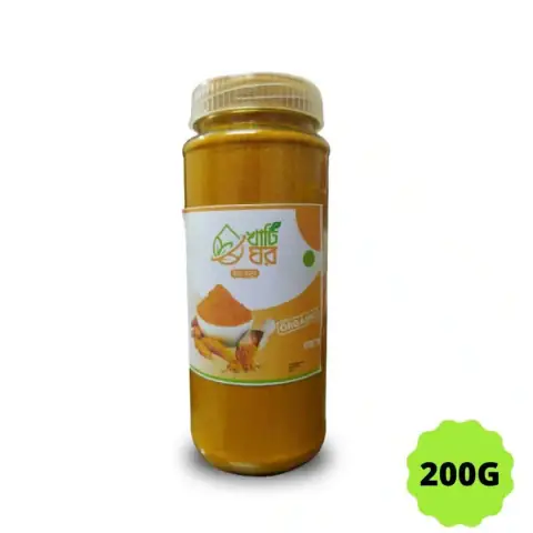 Khati Ghar organic turmeric powder in a vibrant yellow 200g sealed pouch, standing upright.