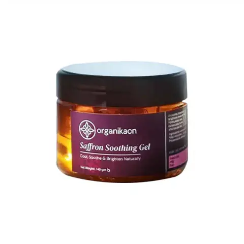 Organikaon Saffron Soothing Gel 140g white tube, purple cap, with saffron flower art.