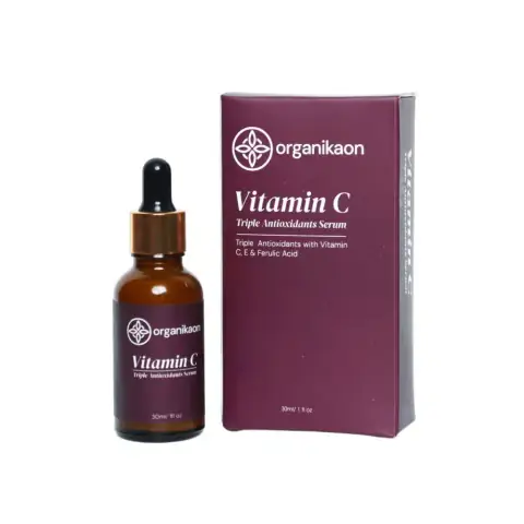 Organikaon Triple Antioxidant Vitamin C Serum 30ml in a clear glass dropper bottle with white label.