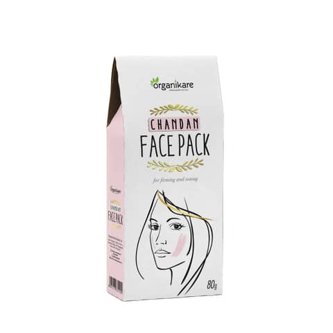 Organikare Chandan Face Pack, green and white tube with flip-top cap, front view, standing upright.