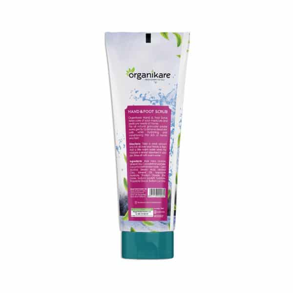 Organikare Hand & Foot Scrub with lid off, revealing white granular texture inside the tub. - thumbnail
