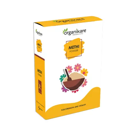 Organikare Methi Powder in a clear jar with green lid, full of light brown fenugreek powder.