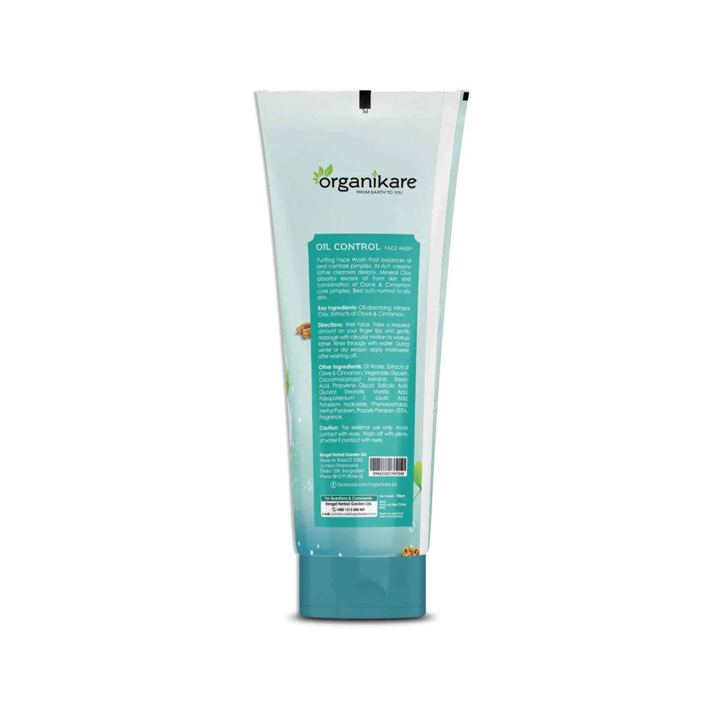 Organikare Oil Control Facewash green tube, lying horizontally, displaying ingredients and details on its back. - thumbnail