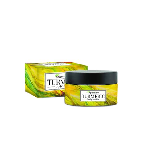 Organikare Turmeric Body Butter in its cream tub with dark green lid, displayed front-facing.