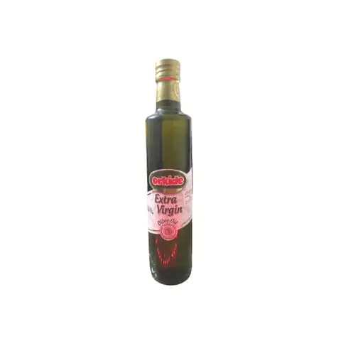 Orkide Extra Virgin Olive Oil 500ml dark green glass bottle with white and gold label, angled.