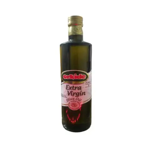 Orkide Extra Virgin Olive Oil 750ml in dark green glass bottle, white and gold label.