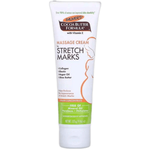 Palmer's Cocoa Butter Massage Cream for Stretch Marks, full brown tube with gold accents and clear branding.