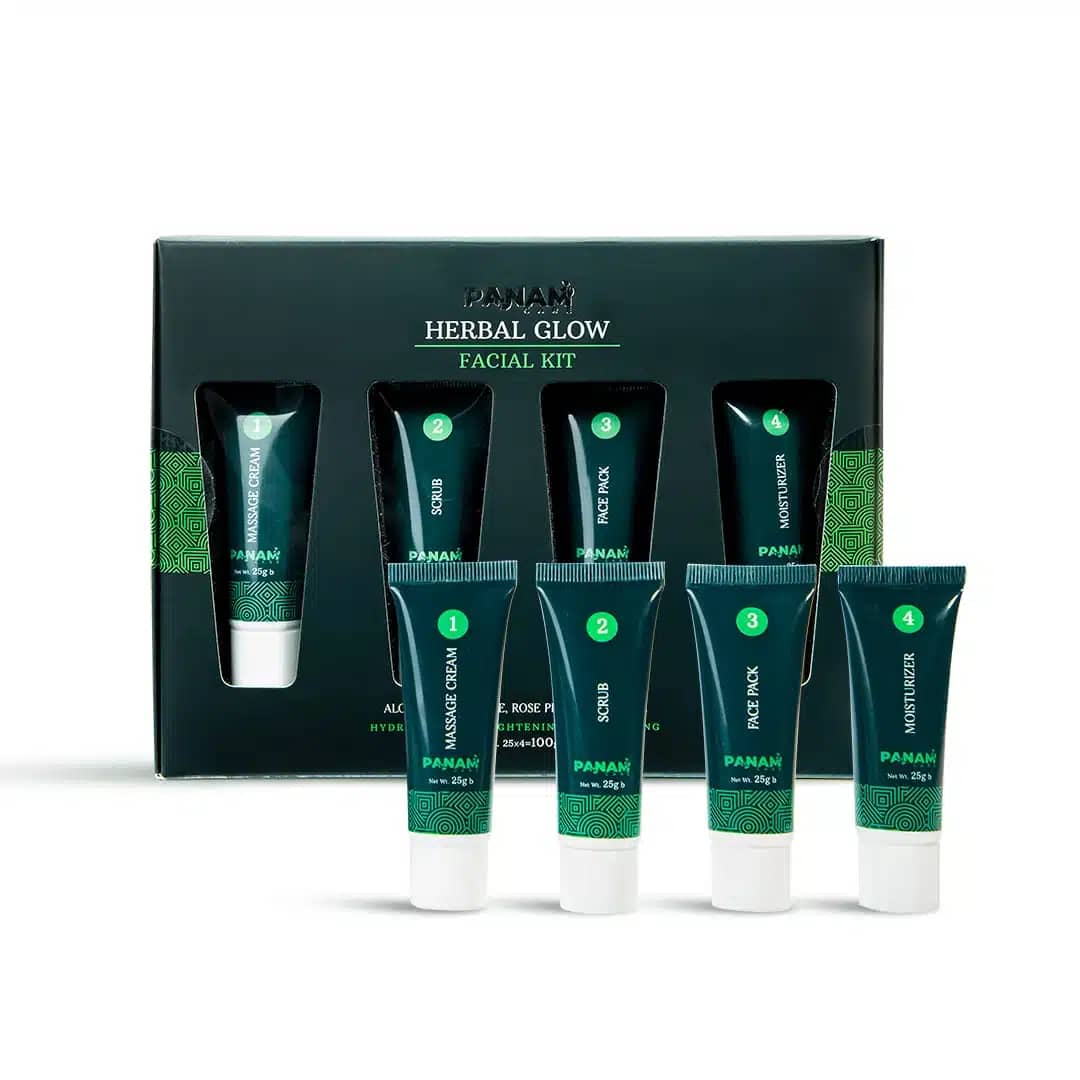 Front view of Panam Care Herbal Glow Facial Kit 100gm box, white with green herbal design. - thumbnail