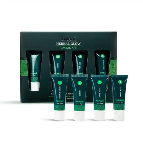 Front view of Panam Care Herbal Glow Facial Kit 100gm box, white with green herbal design.
