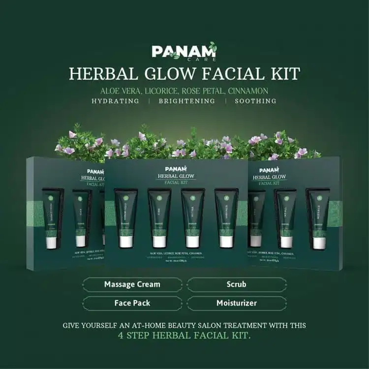 Inside view of Panam Care Herbal Glow Facial Kit, showing four white and green product tubes. - thumbnail