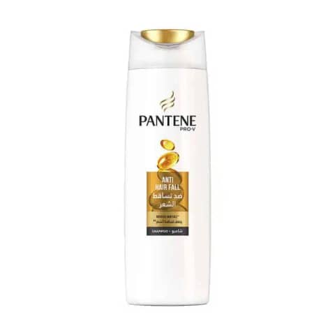 White Pantene Anti Hair Fall Shampoo 400ml bottle with gold cap, standing upright.