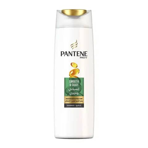 Front view of Pantene Pro-V Smooth & Silky Shampoo 400ml bottle, white and gold design.