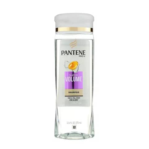 Pantene Sheer Volume Pro-V shampoo in a white bottle with a golden cap, front view.