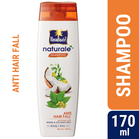 Parachute Naturale Anti Hair Fall Shampoo 170ml green bottle with a woman and botanical graphics.