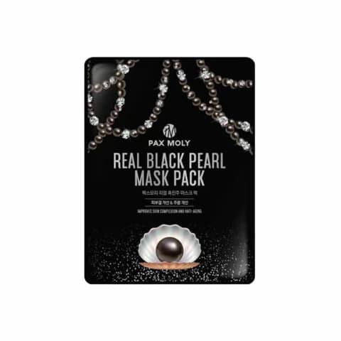 Pax Moly Black Pearl sheet mask 25ml, front view with elegant black and gold packaging.