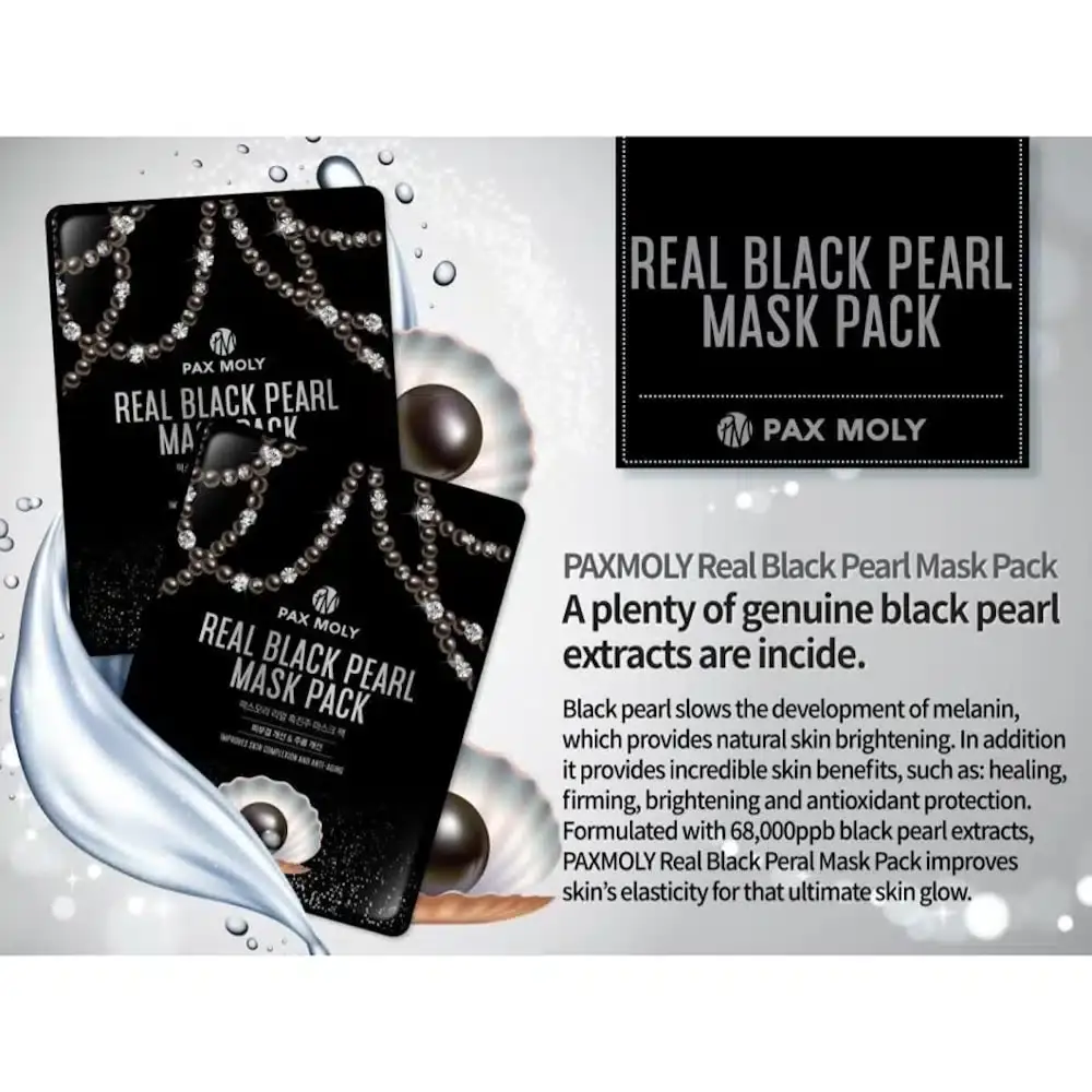Two Pax Moly Black Pearl sheet masks angled, highlighting luxurious black and gold pouch design. - thumbnail