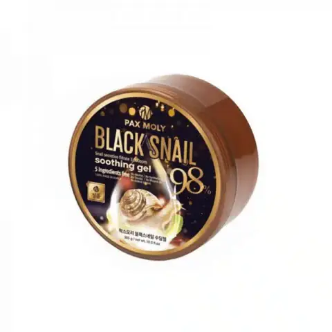 Front view of Pax Moly Black Snail Soothing Gel 300gm in clear jar with black lid.