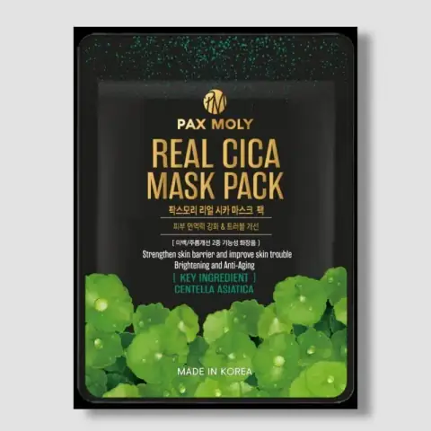 Upright green and white Pax Moly Cica Sheet Mask 25ml sachet with leaf design.