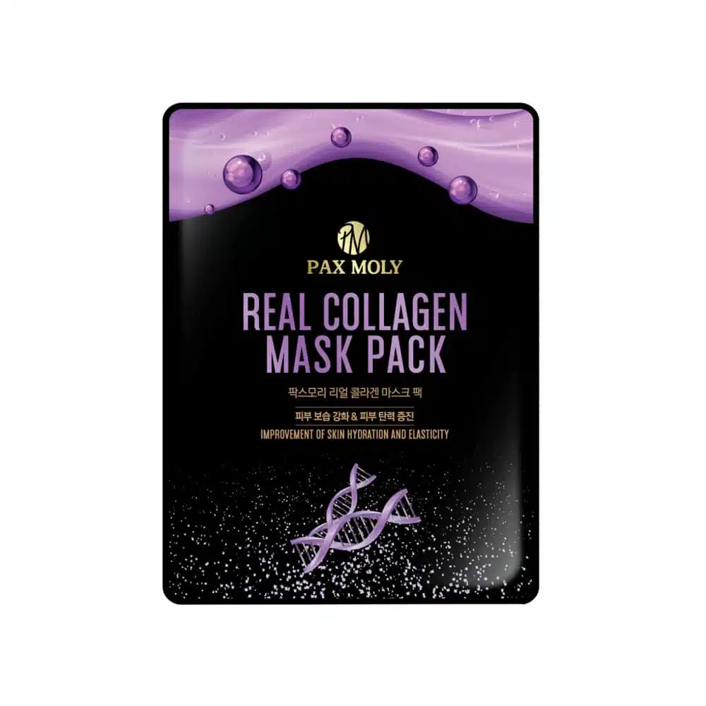 Pax Moly Collagen Sheet Mask sachet, blue packaging with white text, gold accents and plant design. - thumbnail