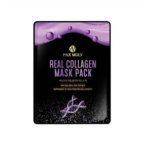 Pax Moly Collagen Sheet Mask sachet, blue packaging with white text, gold accents and plant design.