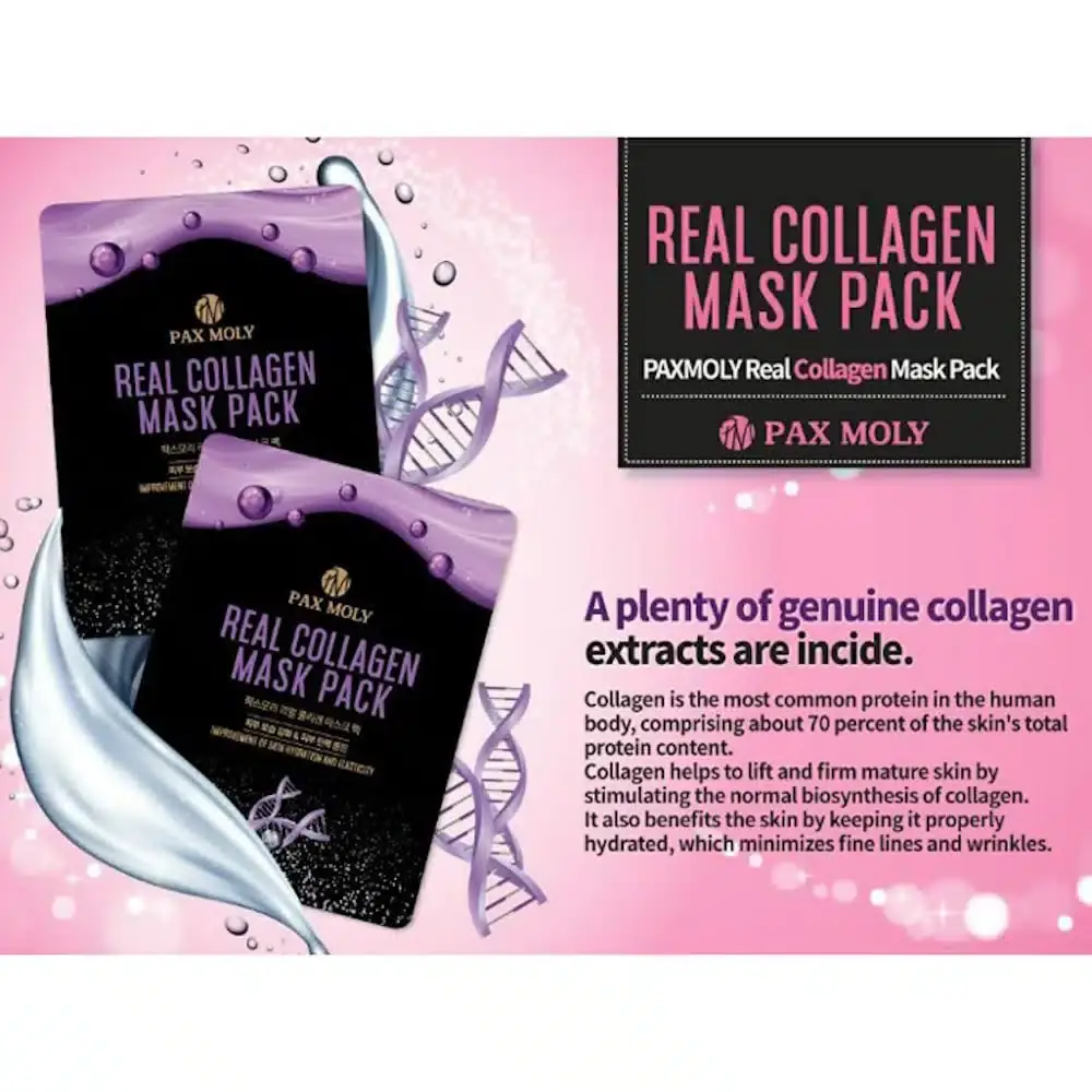 Close-up of Pax Moly Collagen Sheet Mask front, highlighting brand logo and key product details. - thumbnail