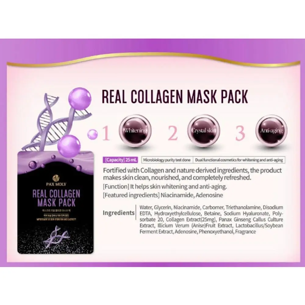 Back of Pax Moly Collagen Sheet Mask sachet, displaying Korean ingredients, usage instructions, and barcode. - thumbnail