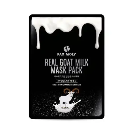 Front view of Pax Moly Goat Milk Sheet Mask, white and blue packaging, 25ml size.