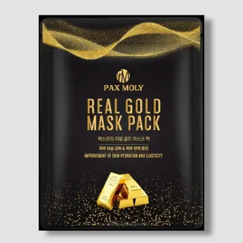 Pax Moly Gold Sheet Mask 25ml sachet with shiny gold metallic packaging, standing front view.
