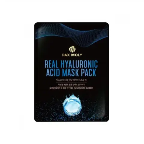 Pax Moly Hyaluronic sheet mask 25ml sachet, vibrant blue packaging, standing upright on white.