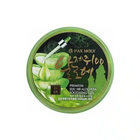 Pax Moly Jeju Aloe Vera Soothing Gel 300g, transparent green jar with white lid, studio shot.