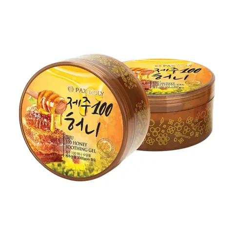 Pax Moly Jeju Honey Soothing Gel 300g in clear jar, golden honey-themed label, white lid.
