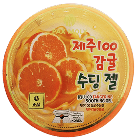 Pax Moly Jeju Tangerine Soothing Gel in a clear jar with vibrant orange label, front view.