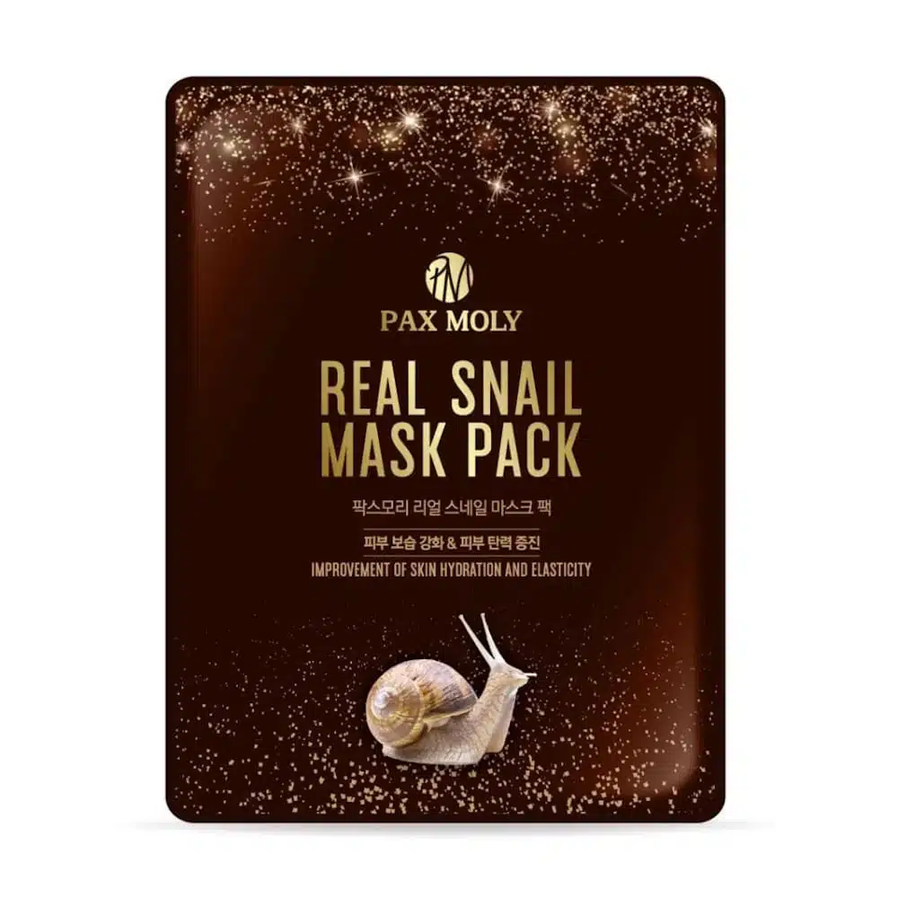 Pax Moly Snail Sheet Mask sachet, white and green packaging with gold details, standing upright. - thumbnail