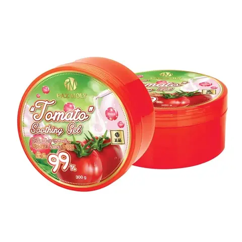 Pax Moly Tomato Soothing Gel 300gm, clear jar with red lid, showcasing vibrant red gel.