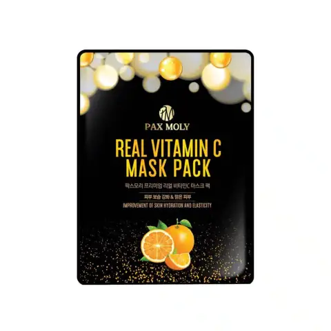 Upright Pax Moly Vitamin C sheet mask, orange and white sachet, with orange slice illustration.