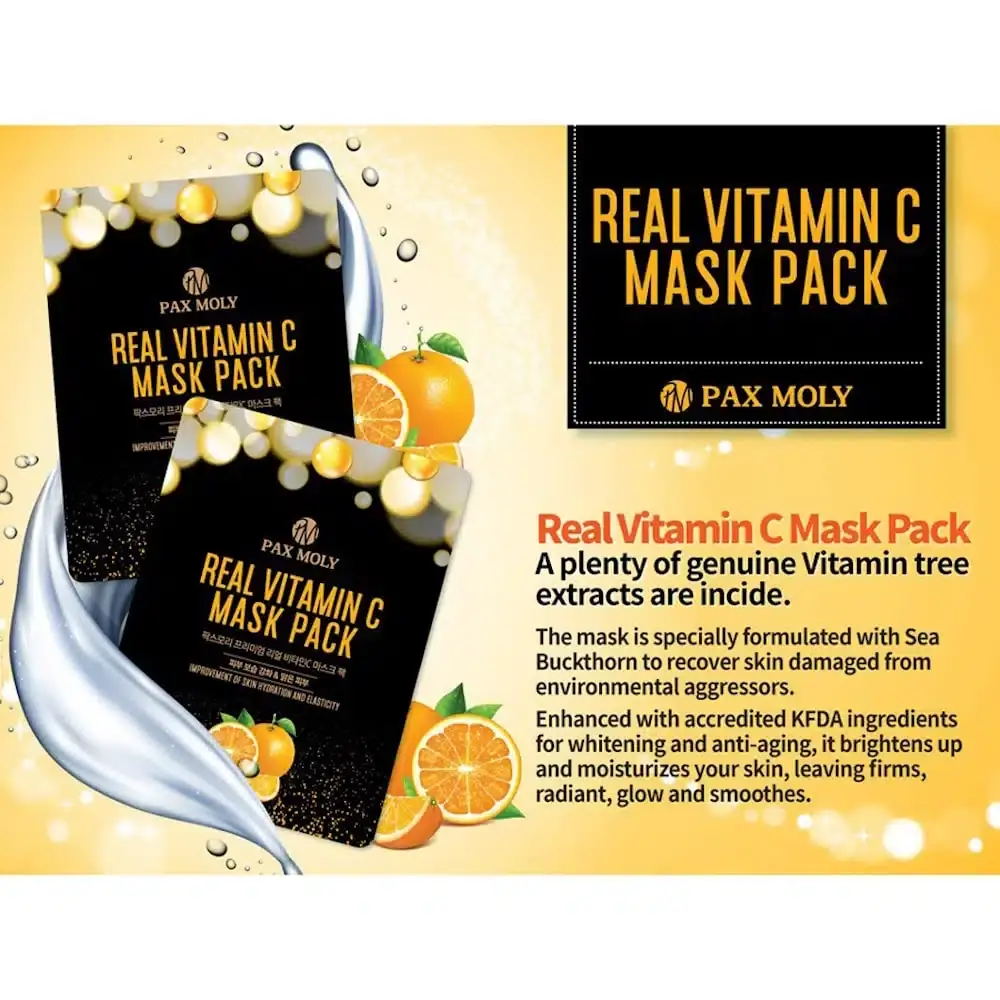 Two Pax Moly Vitamin C sheet mask sachets; one displaying ingredients on back, another upright. - thumbnail