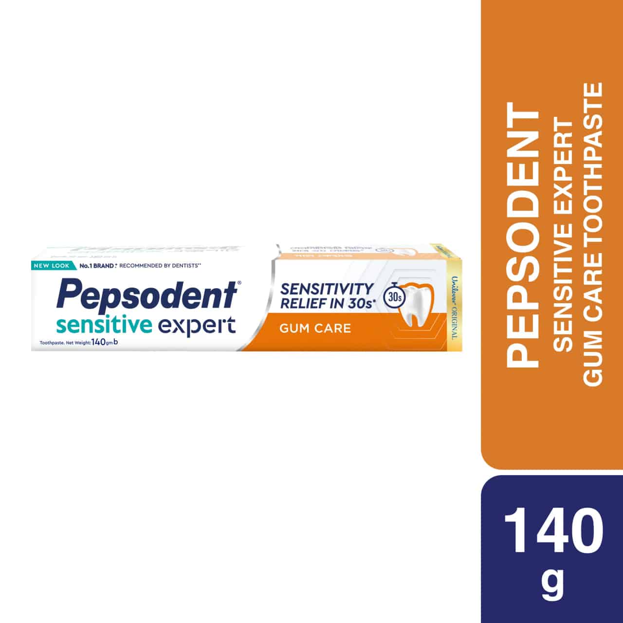 Pepsodent Sensitive Expert Gum Care 140g toothpaste tube and carton box, white-blue packaging. - thumbnail