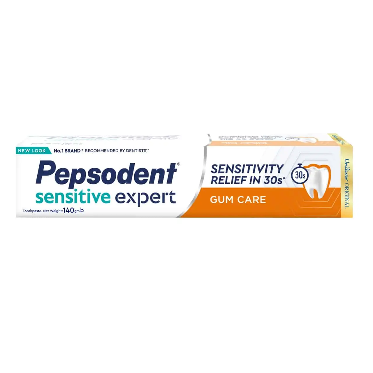 Pepsodent Sensitive Expert Gum Care toothpaste tube, standing upright, showing blue-green front label. - thumbnail