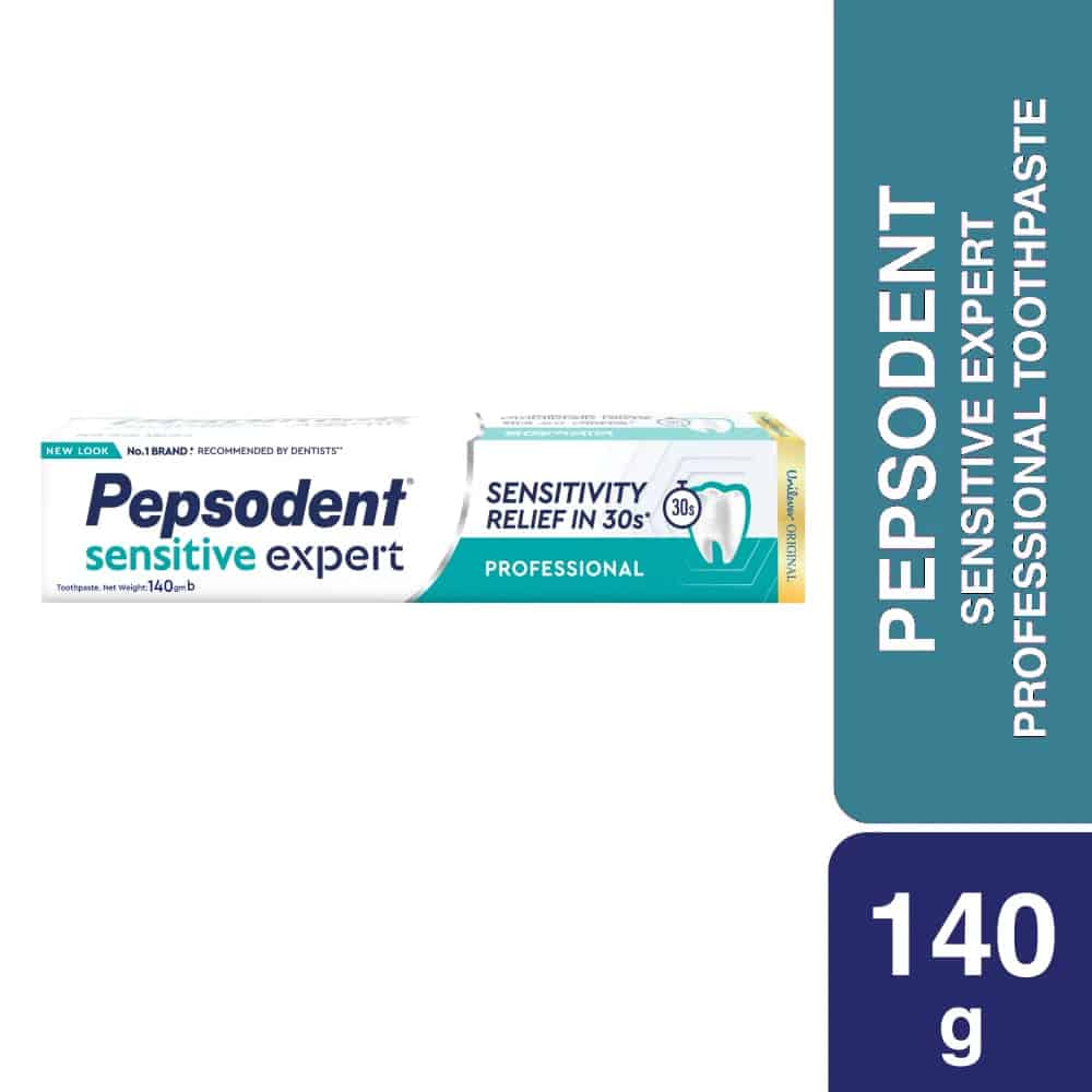 Pepsodent Sensitive Expert Professional 140g toothpaste tube and blue carton box, front view. - thumbnail