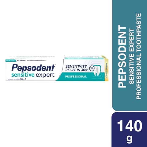 Pepsodent Sensitive Expert Professional 140g toothpaste tube and blue carton box, front view.
