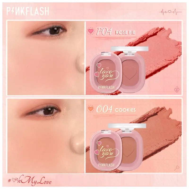 Finger swatching Pink Flash Chic In Cheek Blush 002, revealing its soft peachy-pink powder texture. - thumbnail