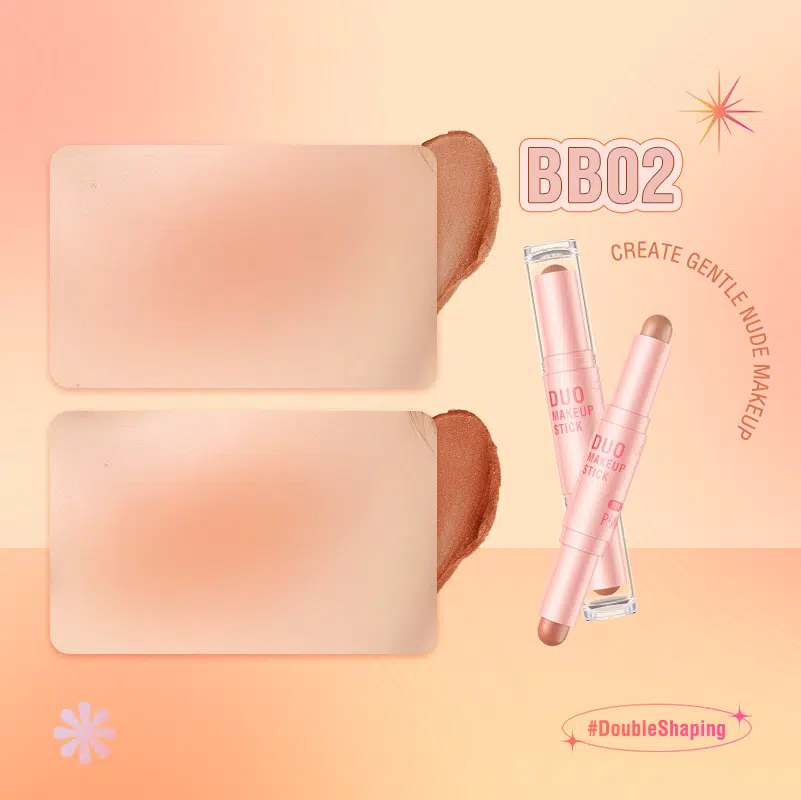 Pink Flash double-head blusher, highlighter, and contour stick F21-BB02 in sleek rose gold packaging, closed. - thumbnail