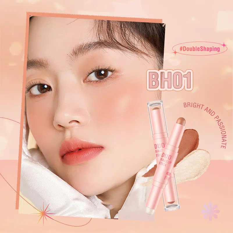 Pink Flash double-head blusher, highlighter, contour stick standing upright on a white background.