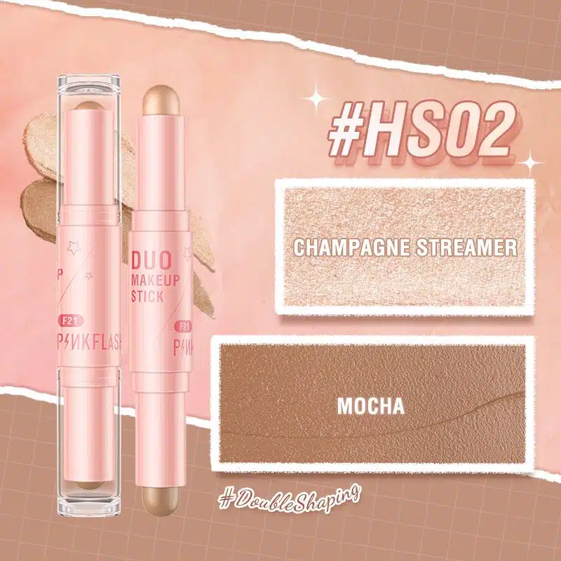 Pink Flash double head blusher, highlighter, contour stick with transparent caps, showing pink and shimmery ends. - thumbnail