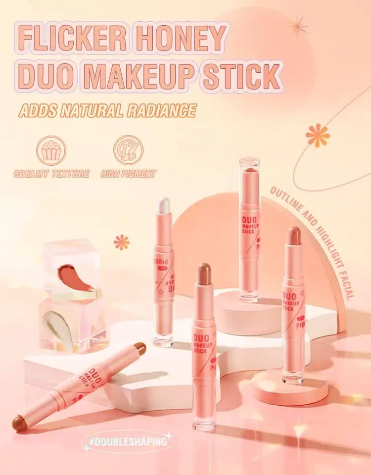 Pink Flash double-head blusher-highlighter stick, caps off, revealing creamy pink and shimmery makeup tips. - thumbnail