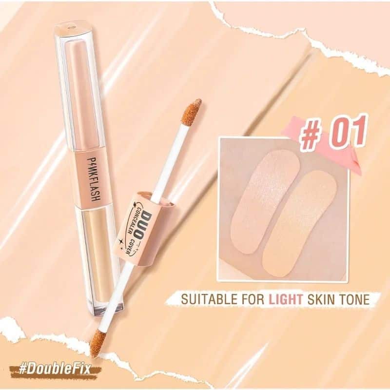 Pink Flash Duo Cover Concealer 2 in 1 F18-01, light beige shade, upright in clear packaging. - thumbnail