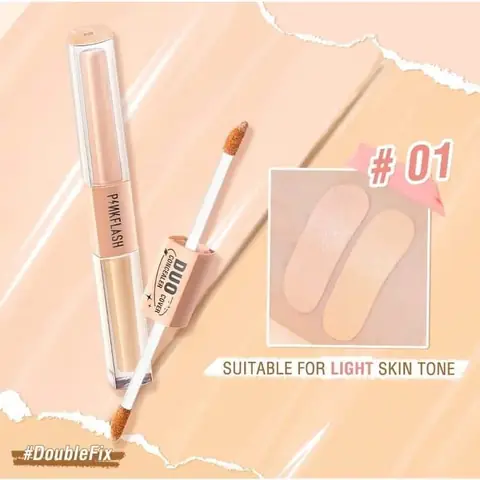 Pink Flash Duo Cover Concealer 2 in 1 F18-01, light beige shade, upright in clear packaging.