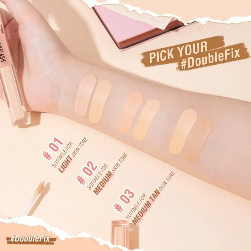Hand holding Pink Flash Duo Cover Concealer, applying light beige product with wand applicator. - thumbnail